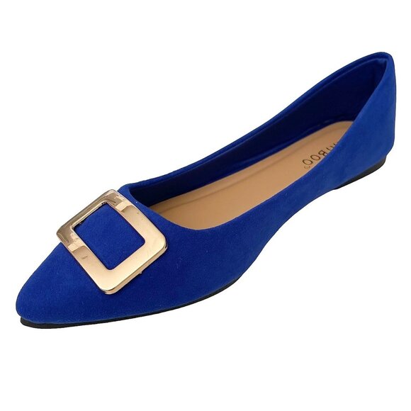 BAMBOO Pointy Toe Sleek Gold Buckle Ballet Flats Women's Slip-On Suede Shoes - Picture 1 of 7